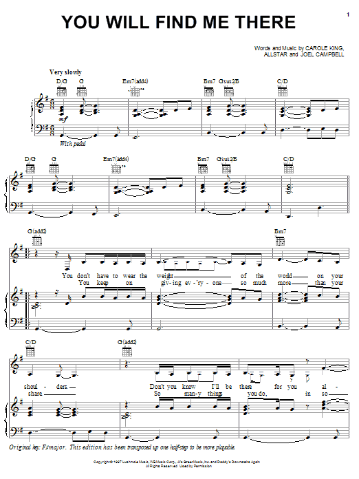 Preview Carole King You Will Find Me There Pop sheet music, notes and chords for Piano, Vocal & Guitar (Right-Hand Melody), SKU: 25311 Download Carole King You Will Find Me There sheet music and printable PDF score & Pop music notes
