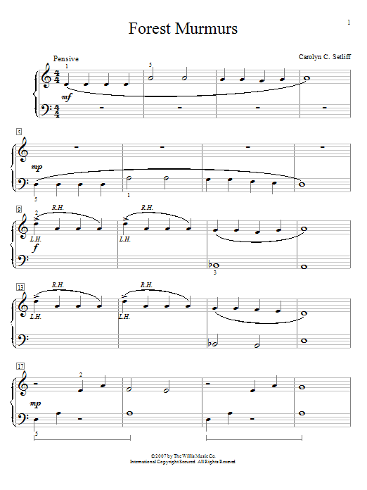 Preview Carolyn C. Setliff Forest Murmurs Children sheet music, notes and chords for Educational Piano, SKU: 58696 sheet music, piano notes, chords, guitar tabs, score, transpose, transcribe, how to play, guide, download, learn, tutorial, progression, song, artist, awards, billboard, mtv, vh1, tour, single, album, release