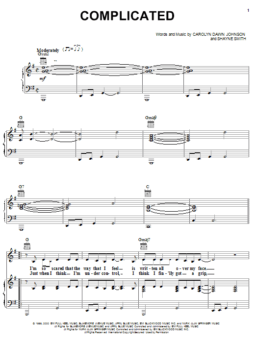 Preview Carolyn Dawn Johnson Complicated Pop sheet music, notes and chords for Piano, Vocal & Guitar (Right-Hand Melody), SKU: 18039 sheet music, piano notes, chords, guitar tabs, score, transpose, transcribe, how to play, guide, download, learn, tutorial, progression, song, artist, awards, billboard, mtv, vh1, tour, single, album, release