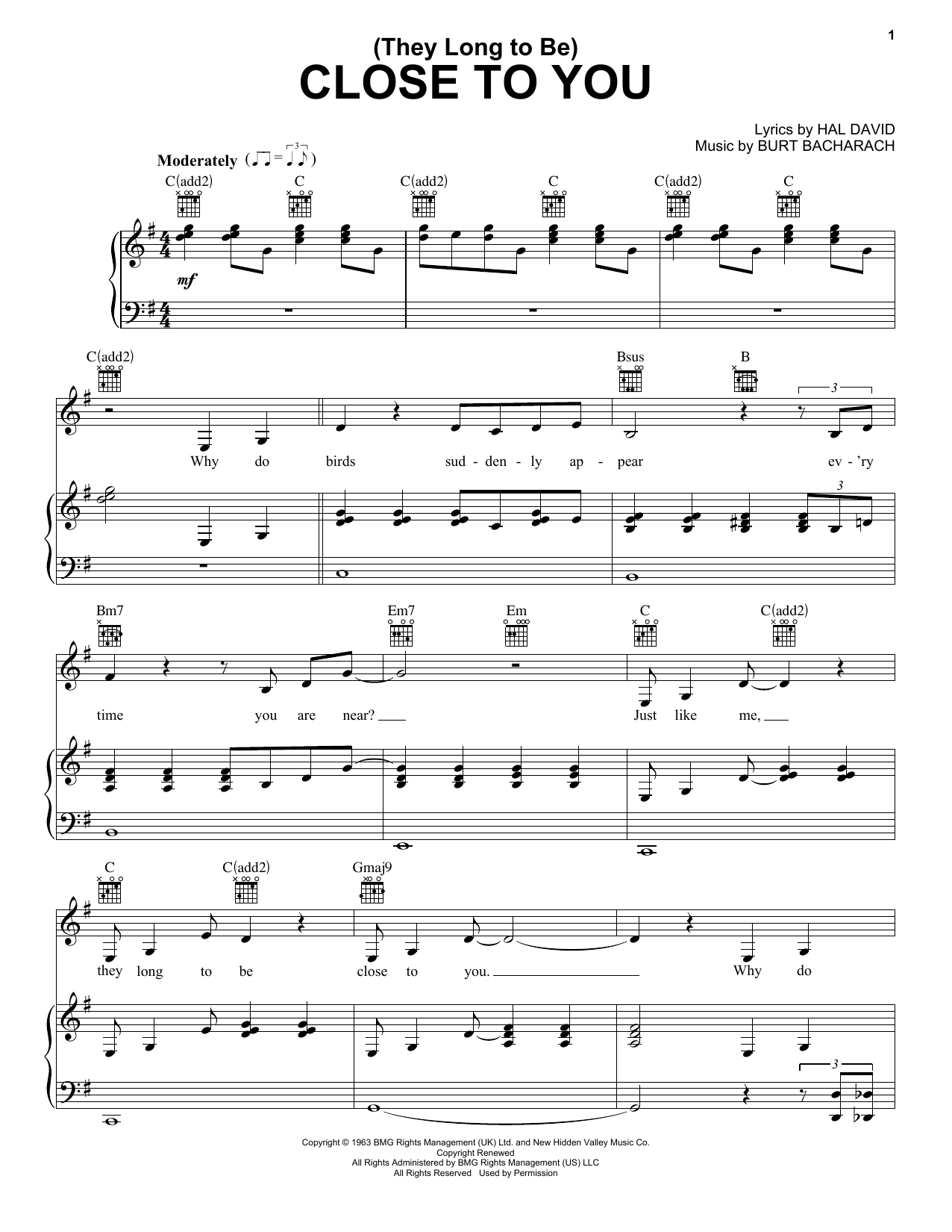 Download Carpenters (They Long To Be) Close To You sheet music and printable PDF score & Easy Listening music notes