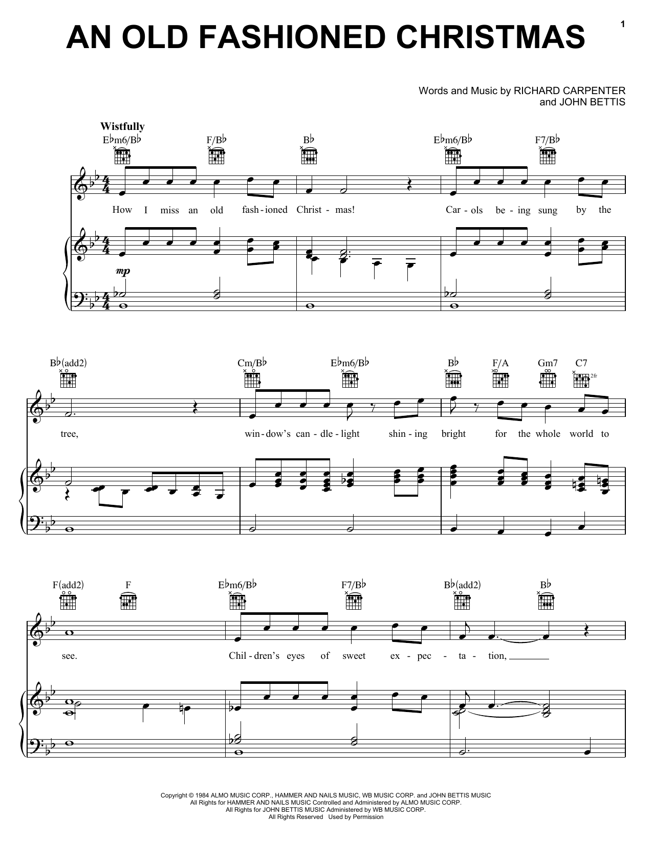 Preview Carpenters An Old Fashioned Christmas Folk sheet music, notes and chords for Piano, Vocal & Guitar (Right-Hand Melody), SKU: 18046 Download Carpenters An Old Fashioned Christmas sheet music and printable PDF score & Folk music notes