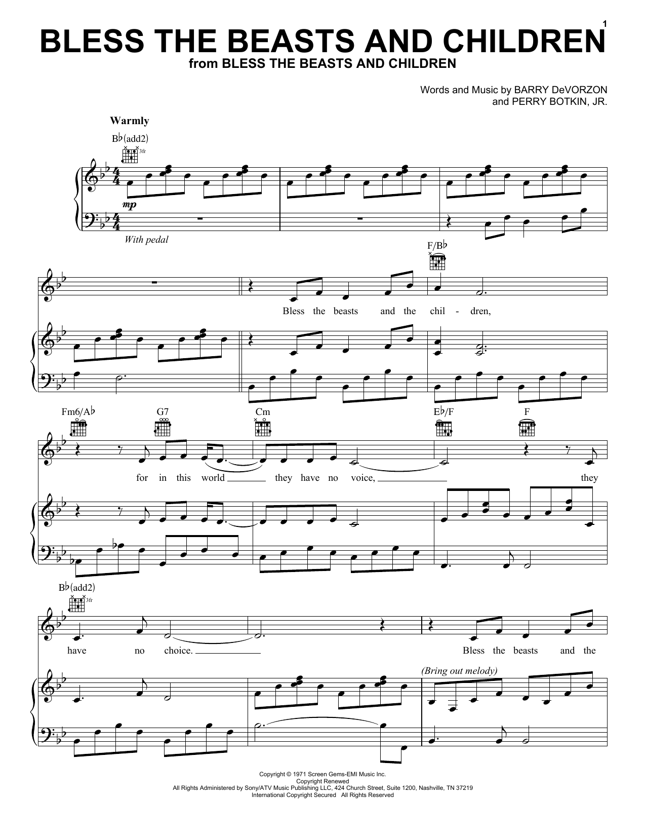 Download Carpenters Bless The Beasts And Children sheet music and printable PDF score & Pop music notes