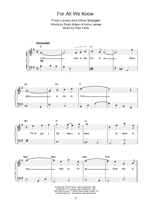 Download Carpenters For All We Know sheet music and printable PDF score & Film and TV music notes