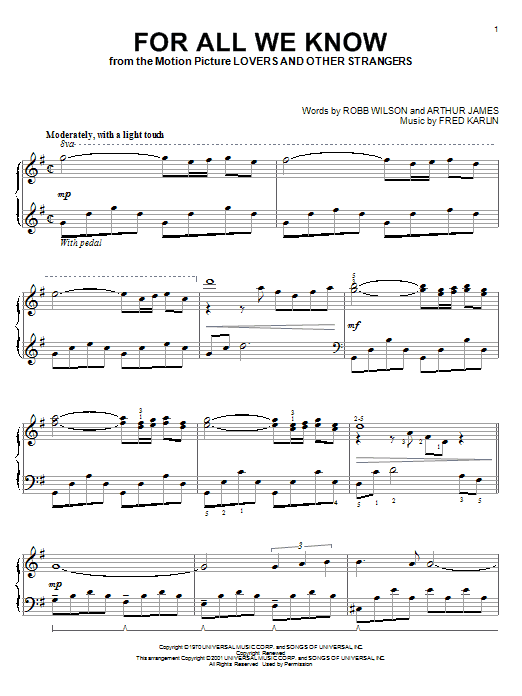 Download Carpenters For All We Know sheet music and printable PDF score & Pop music notes