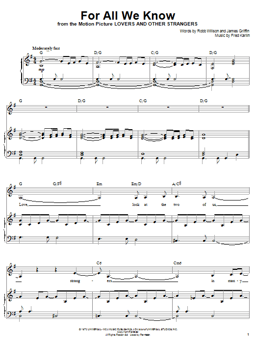 Preview Carpenters For All We Know Pop sheet music, notes and chords for Piano (Big Notes), SKU: 51652 sheet music, piano notes, chords, guitar tabs, score, transpose, transcribe, how to play, guide, download, learn, tutorial, progression, song, artist, awards, billboard, mtv, vh1, tour, single, album, release