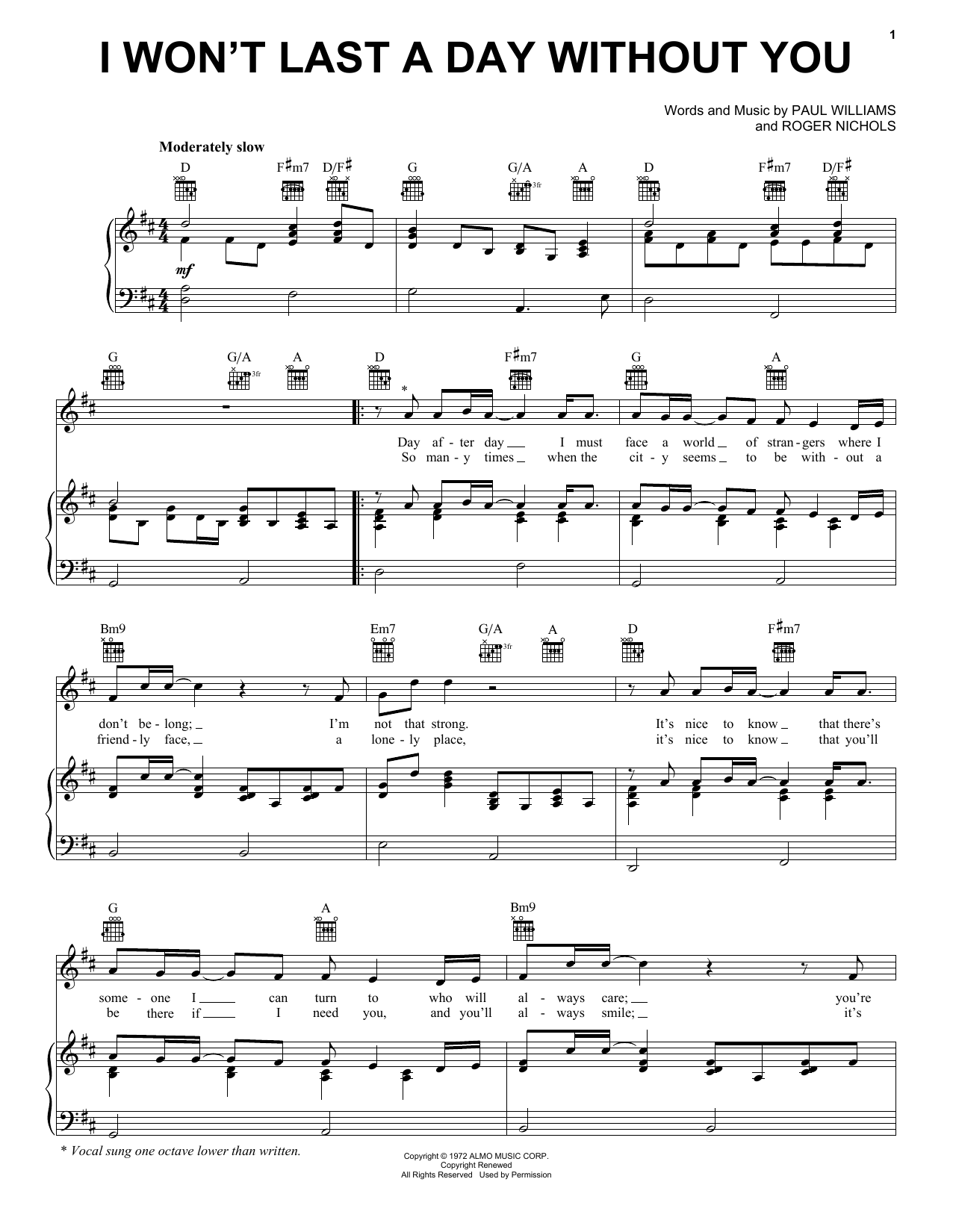 Download Carpenters I Won't Last A Day Without You sheet music and printable PDF score & Pop music notes