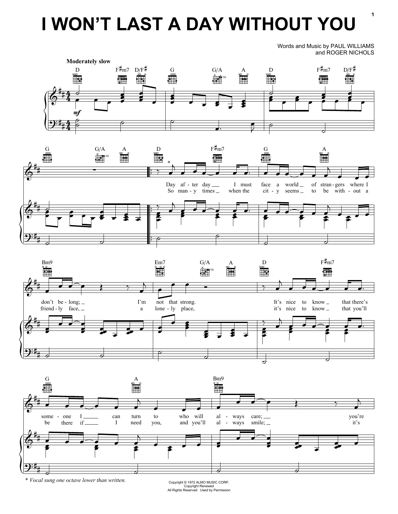 Preview Carpenters I Won't Last A Day Without You Pop sheet music, notes and chords for Piano, Vocal & Guitar (Right-Hand Melody), SKU: 17752 sheet music, piano notes, chords, guitar tabs, score, transpose, transcribe, how to play, guide, download, learn, tutorial, progression, song, artist, awards, billboard, mtv, vh1, tour, single, album, release