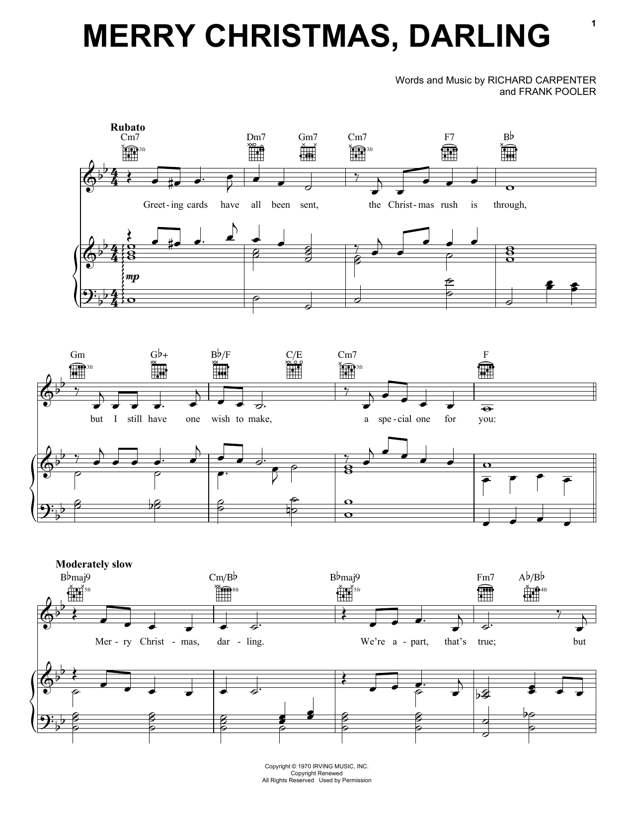 Download Carpenters Merry Christmas, Darling sheet music and printable PDF score & Ballad music notes