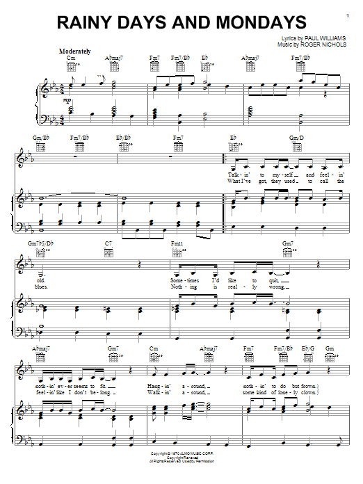 Preview Carpenters Rainy Days And Mondays Pop sheet music, notes and chords for Piano, Vocal & Guitar (Right-Hand Melody), SKU: 17753 Download Carpenters Rainy Days And Mondays sheet music and printable PDF score & Pop music notes
