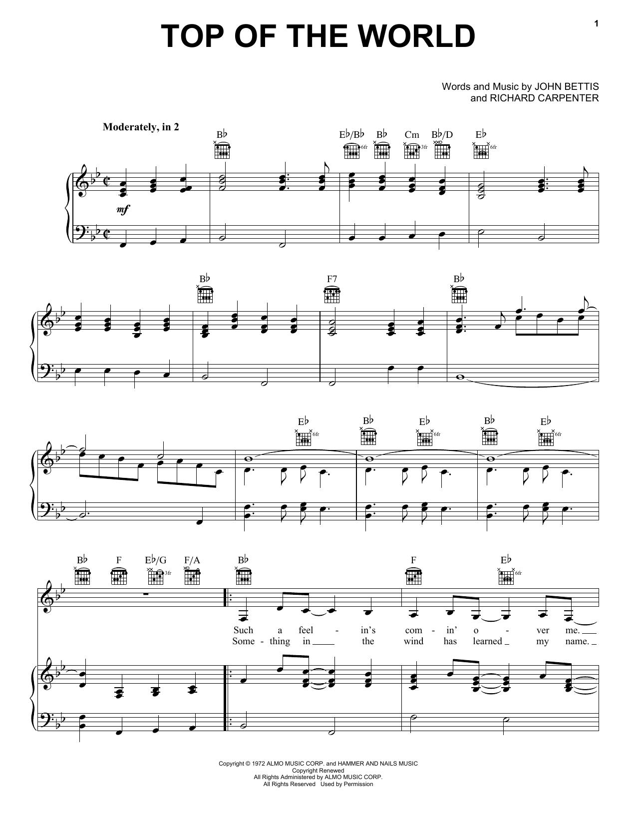 Preview Carpenters Top Of The World Pop sheet music, notes and chords for Piano, Vocal & Guitar (Right-Hand Melody), SKU: 17754 sheet music, piano notes, chords, guitar tabs, score, transpose, transcribe, how to play, guide, download, learn, tutorial, progression, song, artist, awards, billboard, mtv, vh1, tour, single, album, release