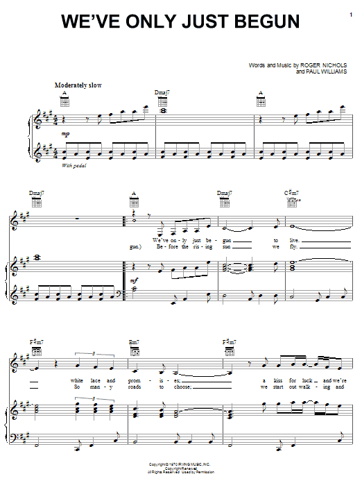 Preview Carpenters We've Only Just Begun Folk sheet music, notes and chords for Piano, Vocal & Guitar (Right-Hand Melody), SKU: 17755 sheet music, piano notes, chords, guitar tabs, score, transpose, transcribe, how to play, guide, download, learn, tutorial, progression, song, artist, awards, billboard, mtv, vh1, tour, single, album, release