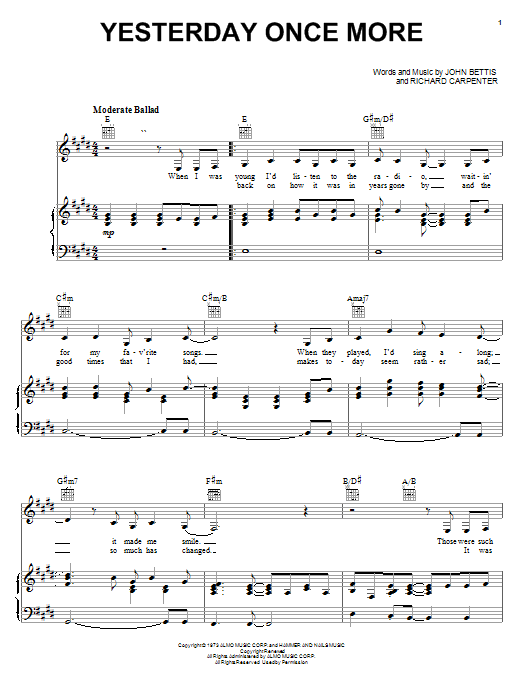 Download Carpenters Yesterday Once More sheet music and printable PDF score & Pop music notes