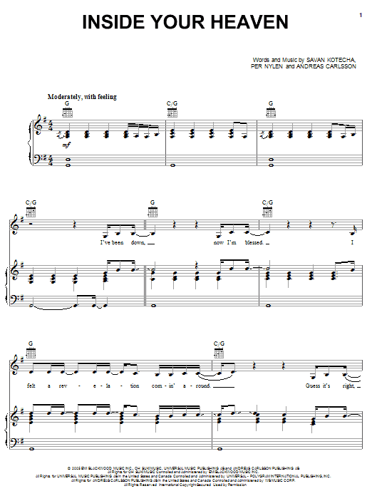 Preview Carrie Underwood Inside Your Heaven Pop sheet music, notes and chords for Piano, Vocal & Guitar (Right-Hand Melody), SKU: 51859 Download Carrie Underwood Inside Your Heaven sheet music and printable PDF score & Pop music notes