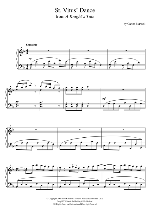 Preview Carter Burwell St. Vitus' Dance (from 'A Knight's Tale') Film and TV sheet music, notes and chords for Piano, SKU: 120789 sheet music, piano notes, chords, guitar tabs, score, transpose, transcribe, how to play, guide, download, learn, tutorial, progression, song, artist, awards, billboard, mtv, vh1, tour, single, album, release