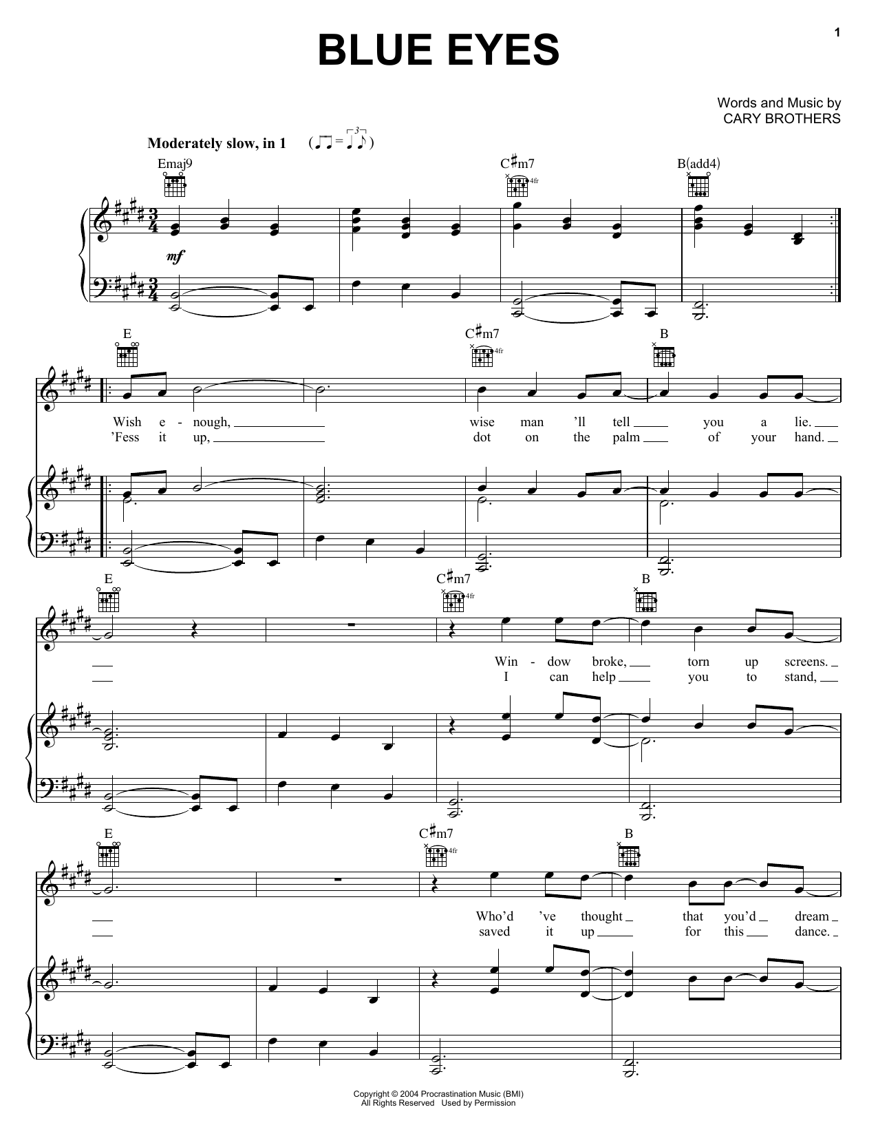 Download Cary Brothers Blue Eyes sheet music and printable PDF score & Pop music notes