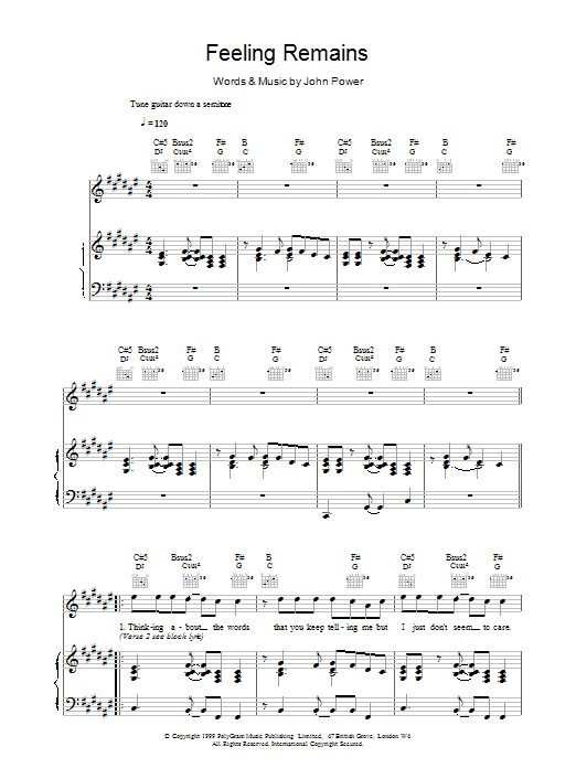 Preview Cast Feeling Remains Pop sheet music, notes and chords for Piano, Vocal & Guitar (Right-Hand Melody), SKU: 15136 Download Cast Feeling Remains sheet music and printable PDF score & Pop music notes