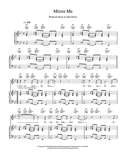 Preview Cast Mirror Me Pop sheet music, notes and chords for Piano, Vocal & Guitar (Right-Hand Melody), SKU: 17873 sheet music, piano notes, chords, guitar tabs, score, transpose, transcribe, how to play, guide, download, learn, tutorial, progression, song, artist, awards, billboard, mtv, vh1, tour, single, album, release