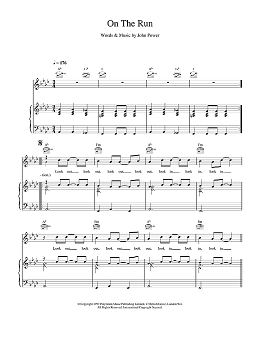 Preview Cast On The Run Pop sheet music, notes and chords for Piano, Vocal & Guitar (Right-Hand Melody), SKU: 17875 sheet music, piano notes, chords, guitar tabs, score, transpose, transcribe, how to play, guide, download, learn, tutorial, progression, song, artist, awards, billboard, mtv, vh1, tour, single, album, release