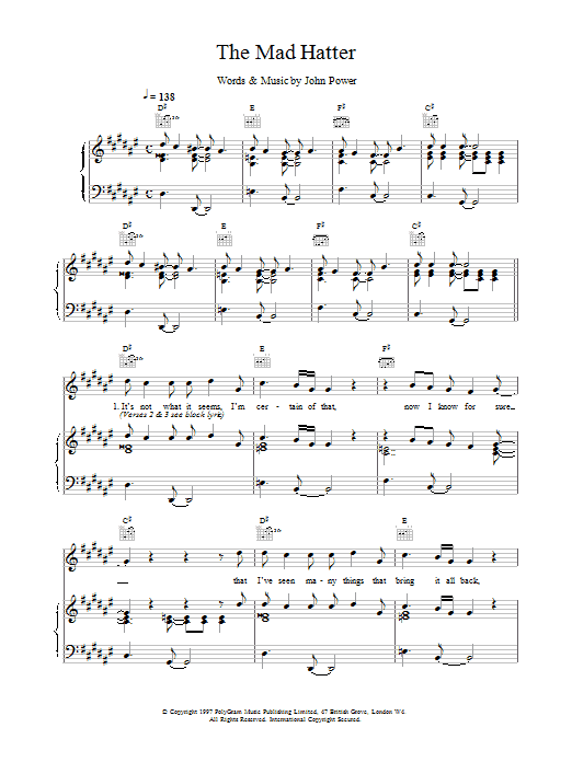 Preview Cast The Mad Hatter Pop sheet music, notes and chords for Piano, Vocal & Guitar (Right-Hand Melody), SKU: 17878 Download Cast The Mad Hatter sheet music and printable PDF score & Pop music notes