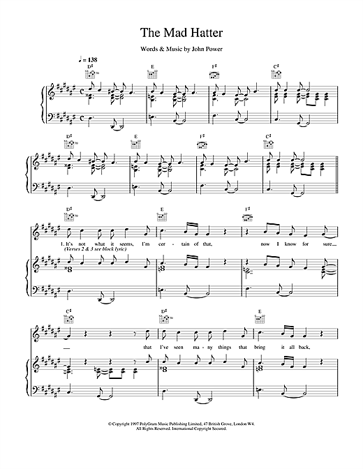 Preview Cast The Mad Hatter Pop sheet music, notes and chords for Piano, Vocal & Guitar (Right-Hand Melody), SKU: 17878 sheet music, piano notes, chords, guitar tabs, score, transpose, transcribe, how to play, guide, download, learn, tutorial, progression, song, artist, awards, billboard, mtv, vh1, tour, single, album, release