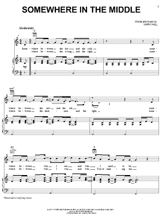Preview Casting Crowns Somewhere In The Middle Pop sheet music, notes and chords for Piano, Vocal & Guitar (Right-Hand Melody), SKU: 62364 sheet music, piano notes, chords, guitar tabs, score, transpose, transcribe, how to play, guide, download, learn, tutorial, progression, song, artist, awards, billboard, mtv, vh1, tour, single, album, release