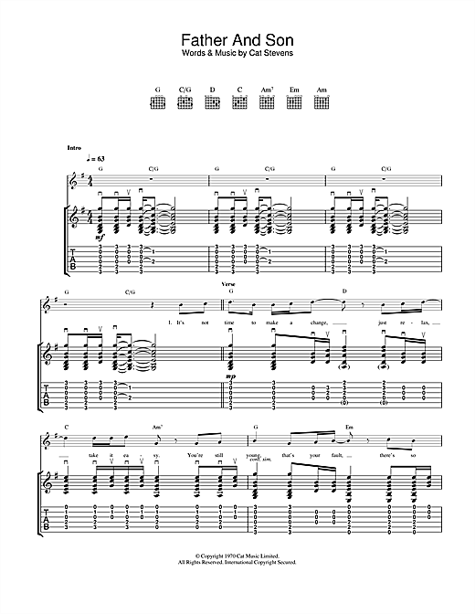 Preview Cat Stevens Father And Son Pop sheet music, notes and chords for Piano, Vocal & Guitar, SKU: 114814 sheet music, piano notes, chords, guitar tabs, score, transpose, transcribe, how to play, guide, download, learn, tutorial, progression, song, artist, awards, billboard, mtv, vh1, tour, single, album, release