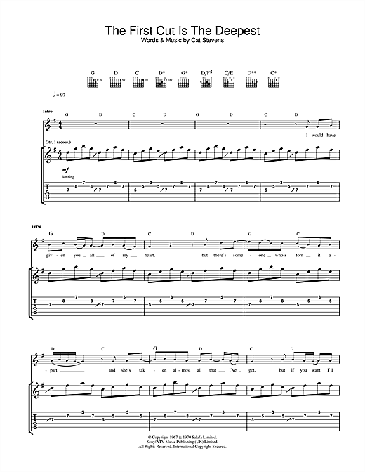 Preview Cat Stevens The First Cut Is The Deepest Pop sheet music, notes and chords for Piano, SKU: 102979 sheet music, piano notes, chords, guitar tabs, score, transpose, transcribe, how to play, guide, download, learn, tutorial, progression, song, artist, awards, billboard, mtv, vh1, tour, single, album, release