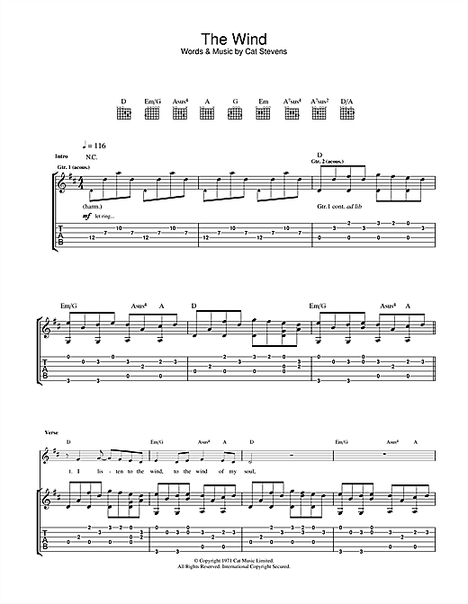 Preview Cat Stevens The Wind Film and TV sheet music, notes and chords for Piano, Vocal & Guitar (Right-Hand Melody), SKU: 254460 sheet music, piano notes, chords, guitar tabs, score, transpose, transcribe, how to play, guide, download, learn, tutorial, progression, song, artist, awards, billboard, mtv, vh1, tour, single, album, release