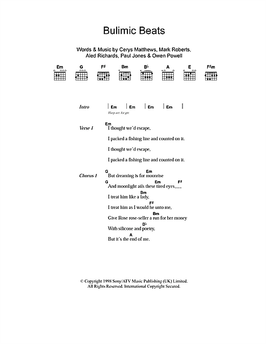 Preview Catatonia Bulimic Beats Rock sheet music, notes and chords for Lyrics & Chords, SKU: 101181 sheet music, piano notes, chords, guitar tabs, score, transpose, transcribe, how to play, guide, download, learn, tutorial, progression, song, artist, awards, billboard, mtv, vh1, tour, single, album, release