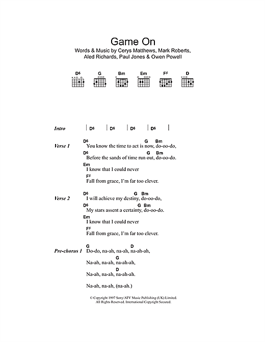 Preview Catatonia Game On Pop sheet music, notes and chords for Piano, Vocal & Guitar, SKU: 13780 sheet music, piano notes, chords, guitar tabs, score, transpose, transcribe, how to play, guide, download, learn, tutorial, progression, song, artist, awards, billboard, mtv, vh1, tour, single, album, release
