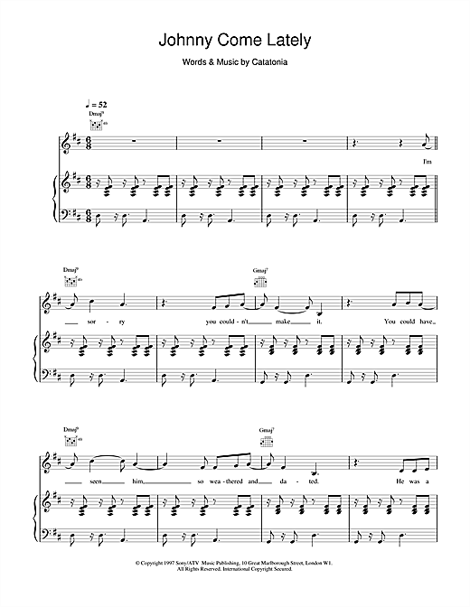 Preview Catatonia Johnny Come Lately Pop sheet music, notes and chords for Piano, Vocal & Guitar, SKU: 15510 sheet music, piano notes, chords, guitar tabs, score, transpose, transcribe, how to play, guide, download, learn, tutorial, progression, song, artist, awards, billboard, mtv, vh1, tour, single, album, release
