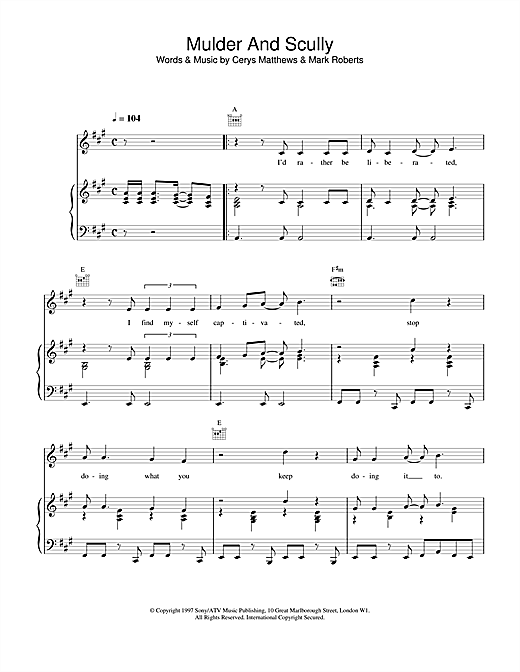 Preview Catatonia Mulder And Scully Pop sheet music, notes and chords for Piano, Vocal & Guitar (Right-Hand Melody), SKU: 13705 sheet music, piano notes, chords, guitar tabs, score, transpose, transcribe, how to play, guide, download, learn, tutorial, progression, song, artist, awards, billboard, mtv, vh1, tour, single, album, release