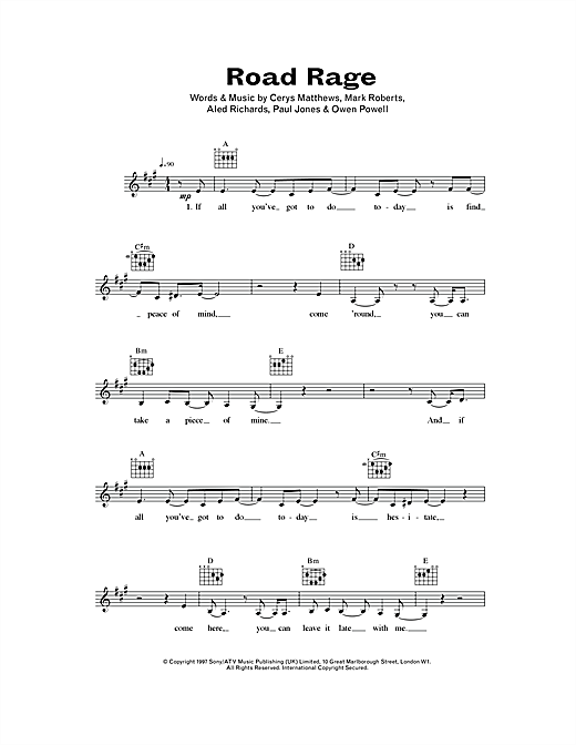 Download Catatonia Road Rage sheet music and printable PDF score & Pop music notes