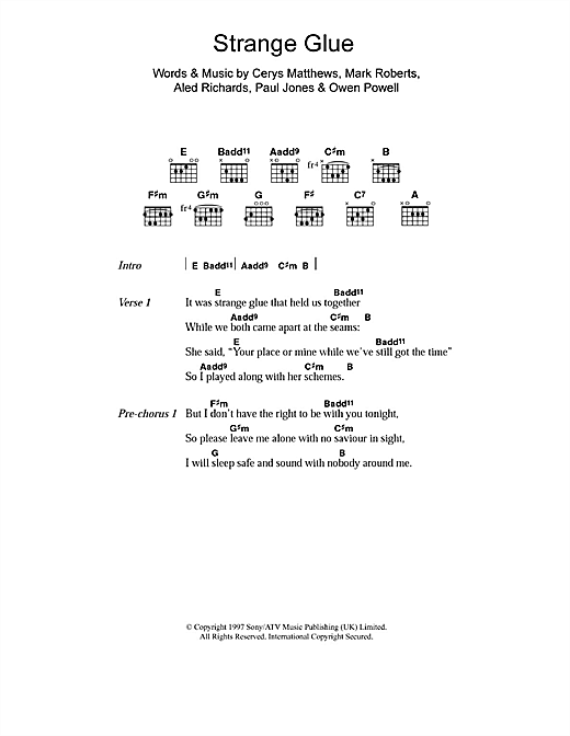 Preview Catatonia Strange Glue Pop sheet music, notes and chords for Piano, Vocal & Guitar, SKU: 15513 sheet music, piano notes, chords, guitar tabs, score, transpose, transcribe, how to play, guide, download, learn, tutorial, progression, song, artist, awards, billboard, mtv, vh1, tour, single, album, release