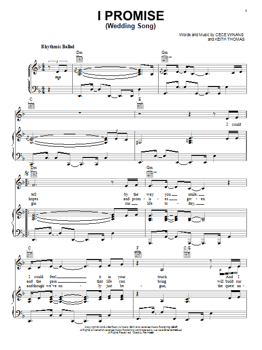 Preview CeCe Winans I Promise (Wedding Song) Pop sheet music, notes and chords for Lyrics & Chords, SKU: 82189 Download CeCe Winans I Promise (Wedding Song) sheet music and printable PDF score & Pop music notes
