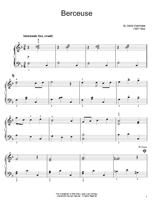 Preview Cecile Chaminade Berceuse Classical sheet music, notes and chords for Easy Piano, SKU: 63130 Download Cecile Chaminade Berceuse sheet music and printable PDF score & Classical music notes