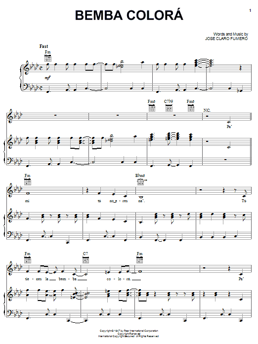 Celia Cruz Bemba Colora Sheet Music & Chords for Piano, Vocal & Guitar (Right-Hand Melody) - Download or Print PDF