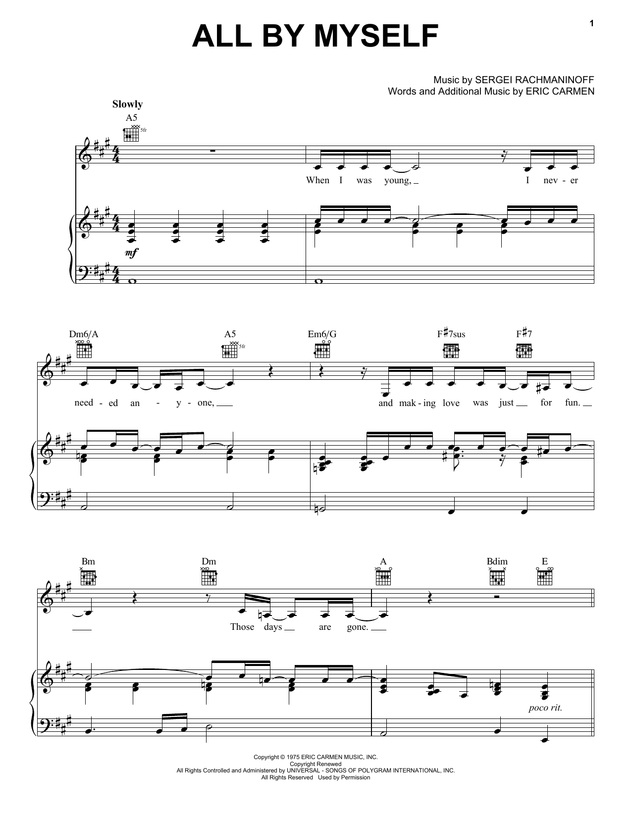 Celine Dion All By Myself Sheet Music | Piano, Vocal & Guitar.