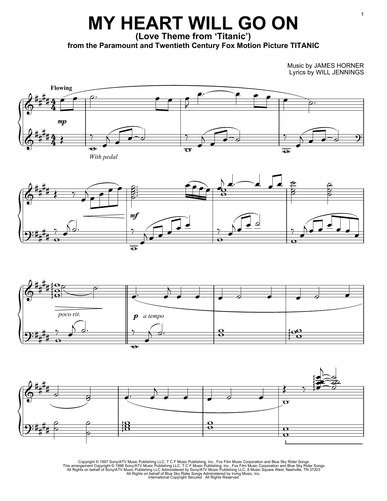 Celine Dion My Heart Will Go On Sheet Music In E Major Transposable Download Print Sku Mn0039794