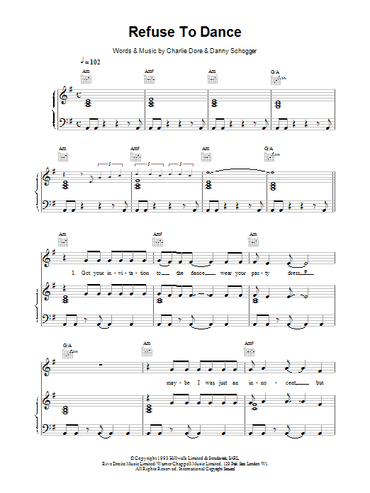Preview Celine Dion Refuse To Dance Pop sheet music, notes and chords for Piano, Vocal & Guitar (Right-Hand Melody), SKU: 14510 Download Celine Dion Refuse To Dance sheet music and printable PDF score & Pop music notes