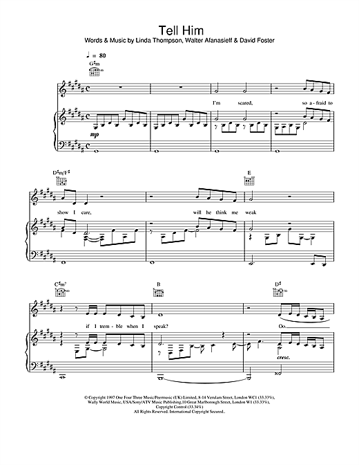 Preview Celine Dion Tell Him Pop sheet music, notes and chords for Lyrics & Chords, SKU: 108308 sheet music, piano notes, chords, guitar tabs, score, transpose, transcribe, how to play, guide, download, learn, tutorial, progression, song, artist, awards, billboard, mtv, vh1, tour, single, album, release