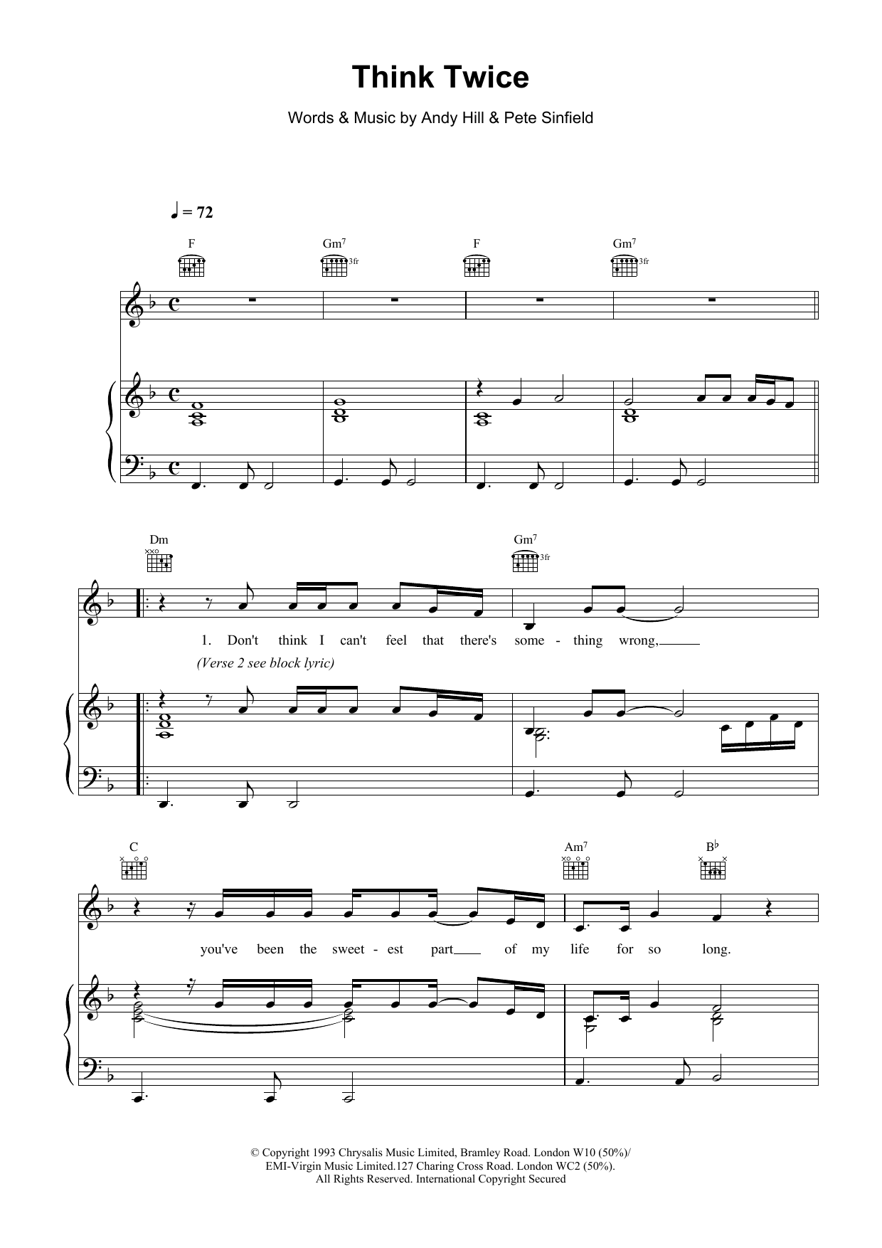 Download Celine Dion Think Twice sheet music and printable PDF score & Pop music notes