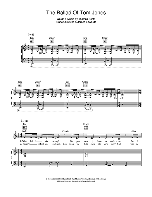 Preview Cerys Matthews & Space The Ballad Of Tom Jones Rock sheet music, notes and chords for Piano, Vocal & Guitar, SKU: 114715 sheet music, piano notes, chords, guitar tabs, score, transpose, transcribe, how to play, guide, download, learn, tutorial, progression, song, artist, awards, billboard, mtv, vh1, tour, single, album, release