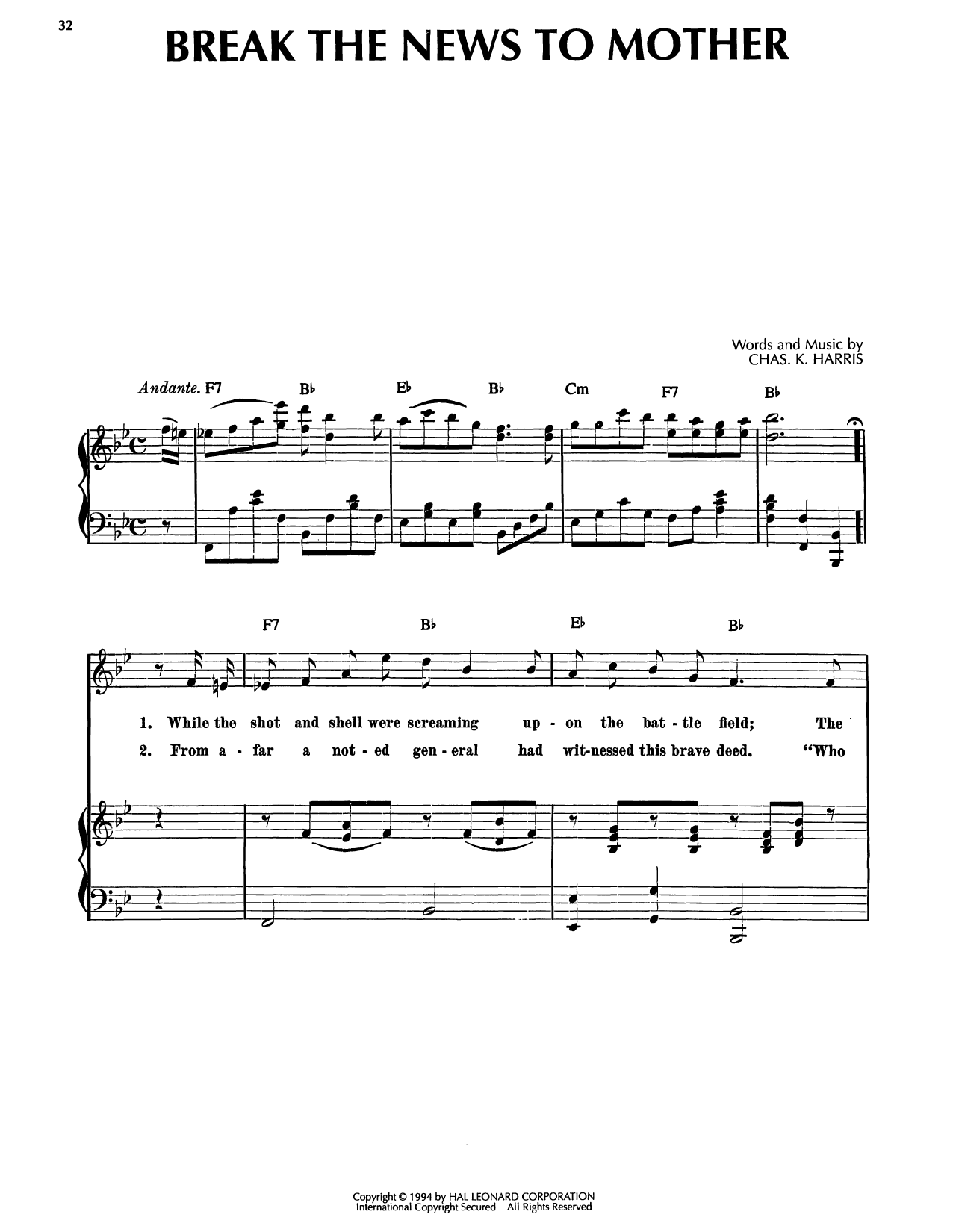 Charles K. Harris Break The News To Mother Sheet Music Notes & Chords for Piano, Vocal & Guitar Chords (Right-Hand Melody) - Download or Print PDF Charles K. Harris Break The News To Mother Sheet Music & Chords for Piano, Vocal & Guitar Chords (Right-Hand Melody) - Download or Print PDF