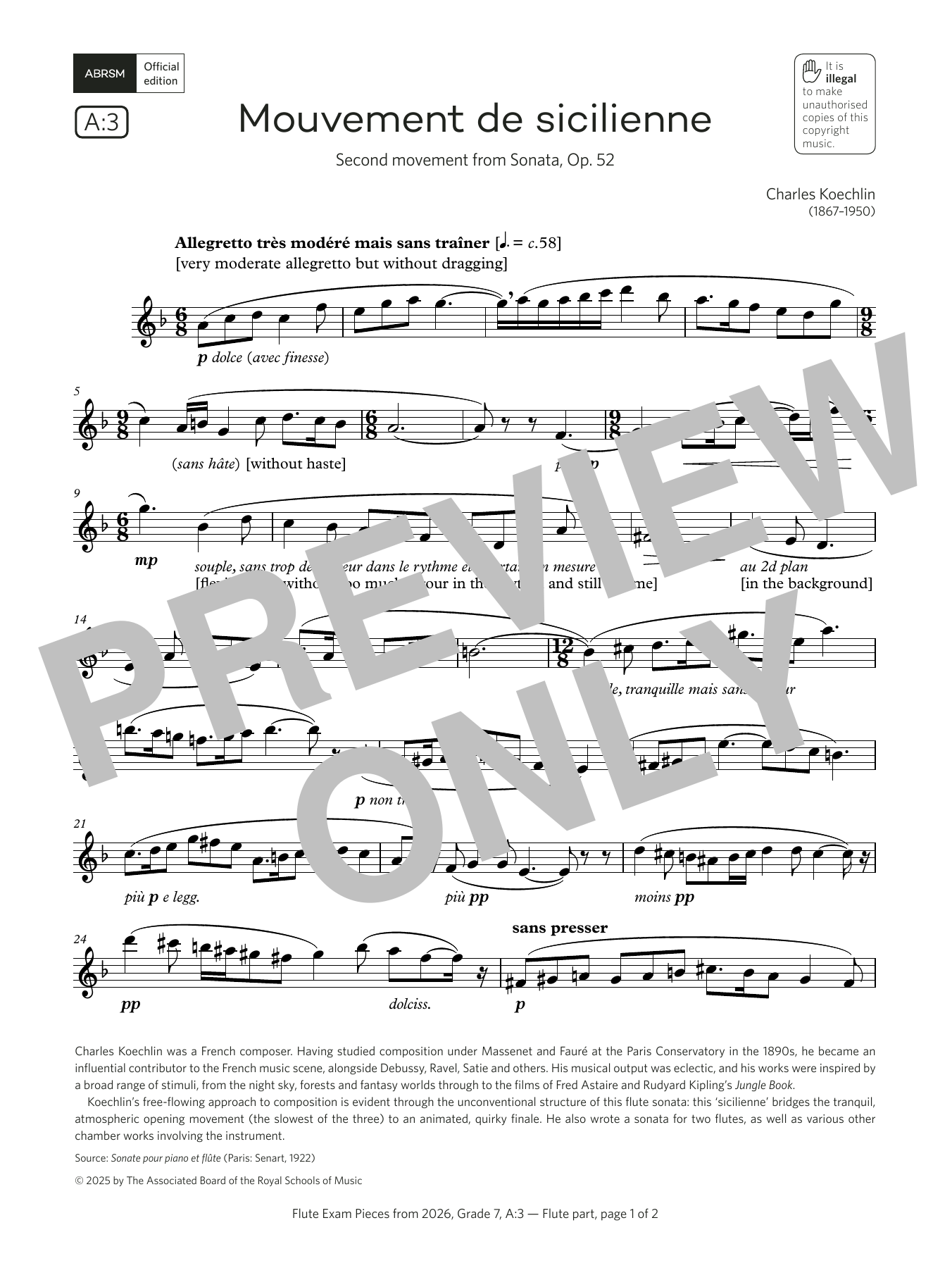 Charles Koechlin Mouvement de sicilienne (Grade 7, list A3, from the ABRSM Flute Syllabus from 2026) Sheet Music & Chords for Flute Solo - Download or Print PDF