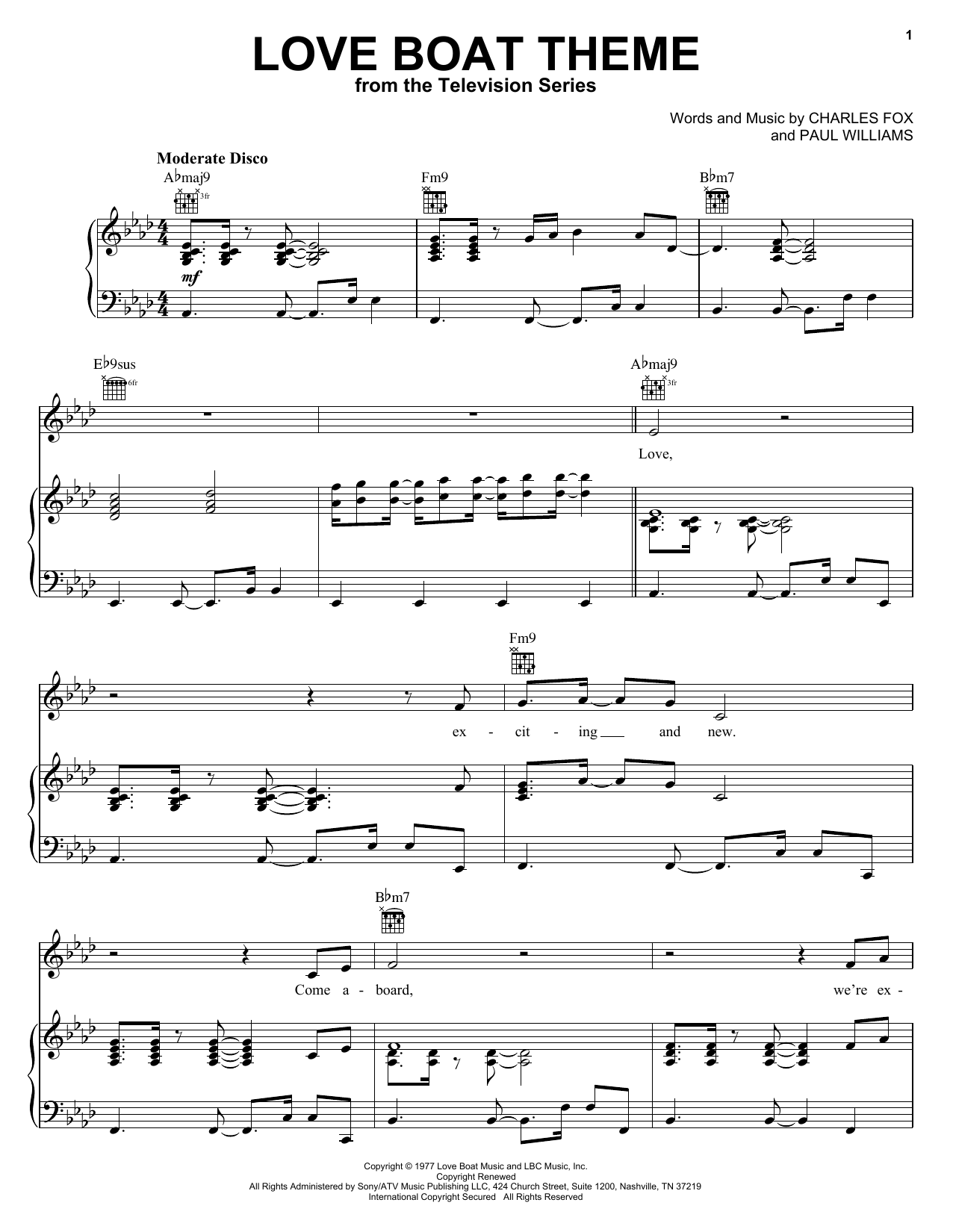 Preview Charles Fox Love Boat Theme (from the TV Series) Film and TV sheet music, notes and chords for Piano, Vocal & Guitar (Right-Hand Melody), SKU: 18281 sheet music, piano notes, chords, guitar tabs, score, transpose, transcribe, how to play, guide, download, learn, tutorial, progression, song, artist, awards, billboard, mtv, vh1, tour, single, album, release
