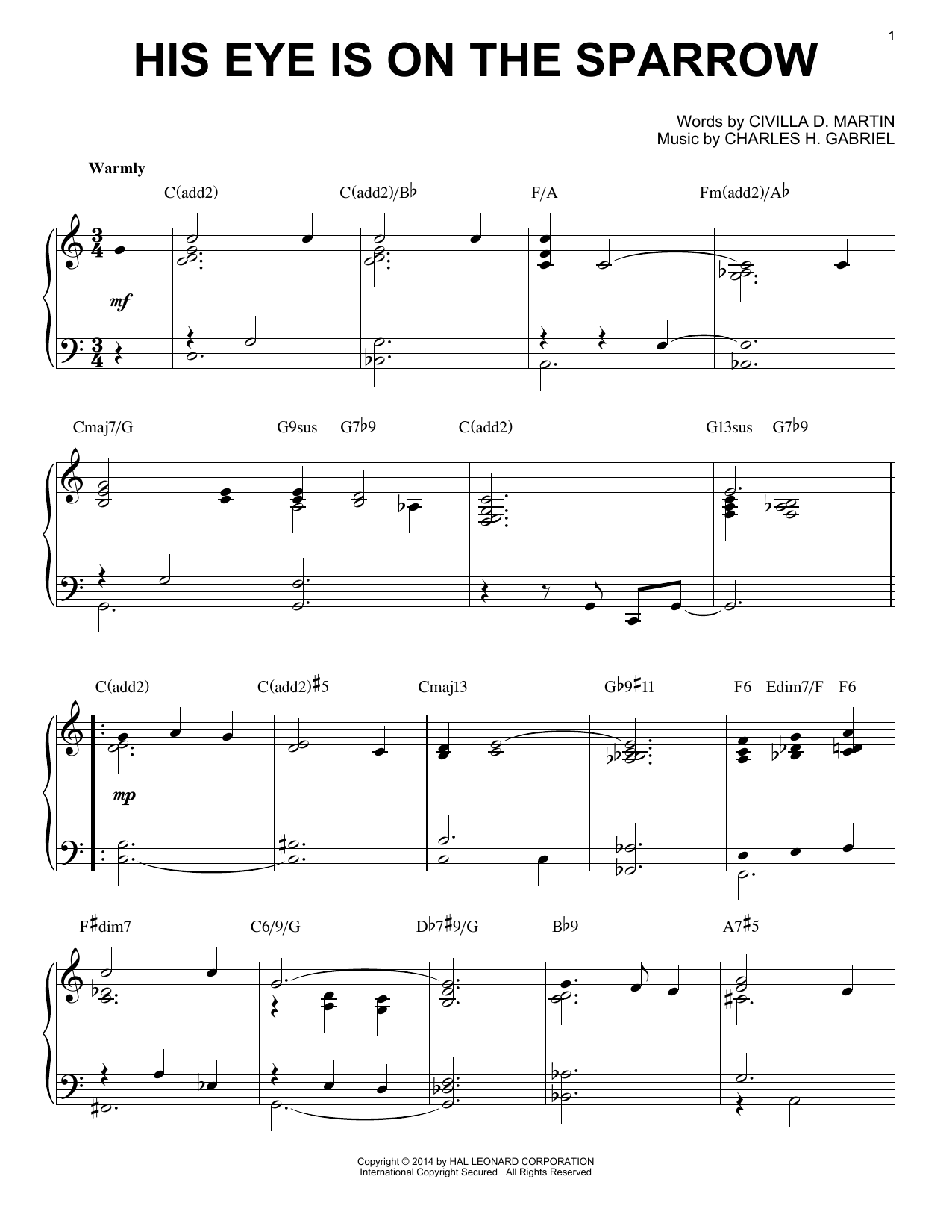 Download Charles H. Gabriel His Eye Is On The Sparrow [Jazz version] (arr. Brent Edstrom) sheet music and printable PDF score & Religious music notes