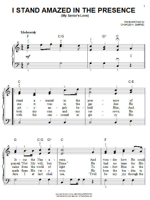 Preview Charles H. Gabriel I Stand Amazed In The Presence (My Savior's Love) Hymn sheet music, notes and chords for Lyrics & Chords, SKU: 82351 sheet music, piano notes, chords, guitar tabs, score, transpose, transcribe, how to play, guide, download, learn, tutorial, progression, song, artist, awards, billboard, mtv, vh1, tour, single, album, release