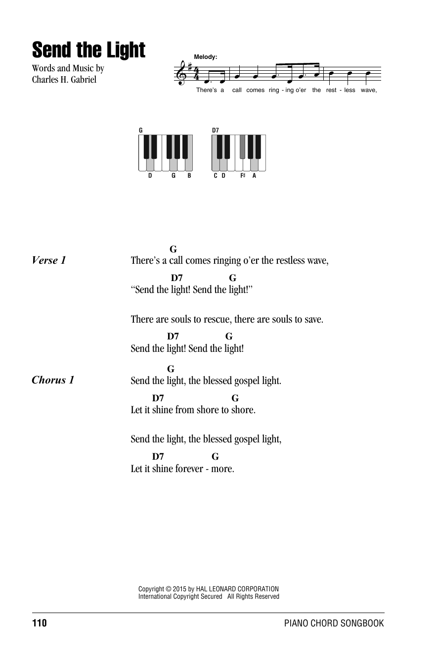 Preview Charles H. Gabriel Send The Light Religious sheet music, notes and chords for Lyrics & Piano Chords, SKU: 161316 sheet music, piano notes, chords, guitar tabs, score, transpose, transcribe, how to play, guide, download, learn, tutorial, progression, song, artist, awards, billboard, mtv, vh1, tour, single, album, release