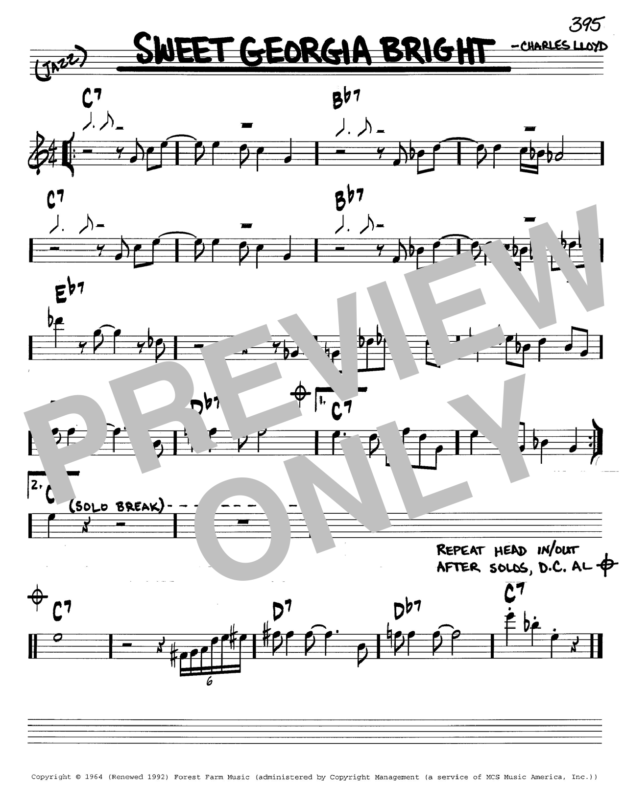 Preview Charles Lloyd Sweet Georgia Bright Jazz sheet music, notes and chords for Real Book - Melody & Chords - Eb Instruments, SKU: 160757 sheet music, piano notes, chords, guitar tabs, score, transpose, transcribe, how to play, guide, download, learn, tutorial, progression, song, artist, awards, billboard, mtv, vh1, tour, single, album, release